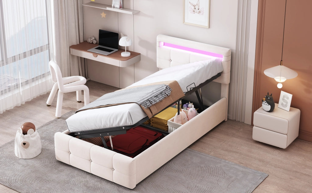 Letto bambino – 90x200 cm – LED contenitore idraulico testiera regolabile – velluto beige