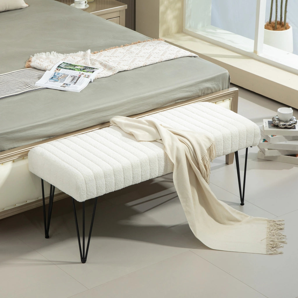 Panca Fondoletto Moderna con Gambe a Forcina, Panca Imbottita in Tessuto Effetto Ciniglia, Legno e Metallo, 118.5x46x49.5 cm, Crema
