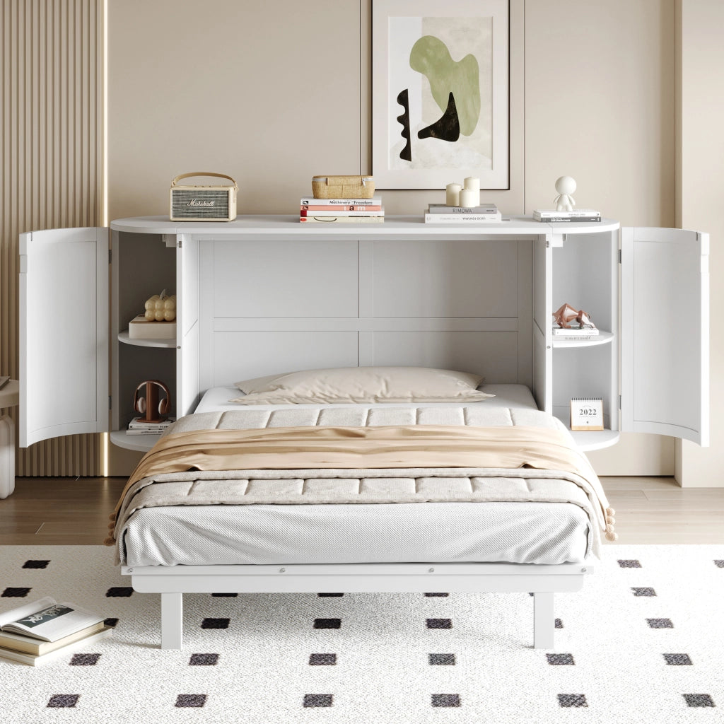 Wall Bed;140x200 cm;featuring storage;rattan design;slatted frame;white