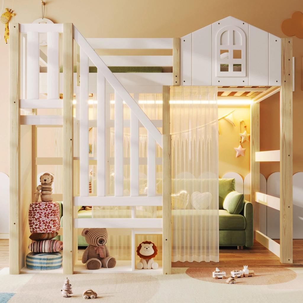 DESMIU Letto a soppalco per bambini 140 × 200 cm 2 posti con LED, scala contenitore e tenda, senza materasso