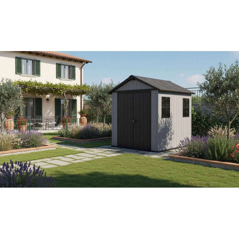 Casetta da giardino in resina EVOTECH+ 287x230 cm - con pavimento e doppia porta - carico neve 150 kg/m² – Newton Plus 759/975 - Grigio - Keter