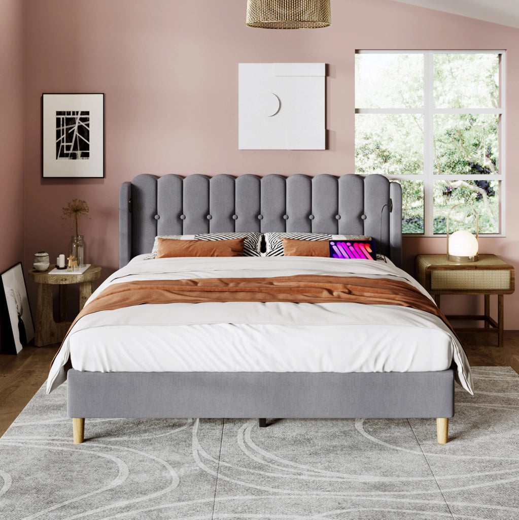 Letto matrimoniale ULEVR 160x200 cm imbottito in lino grigio con rete a doghe, USB e Type-C