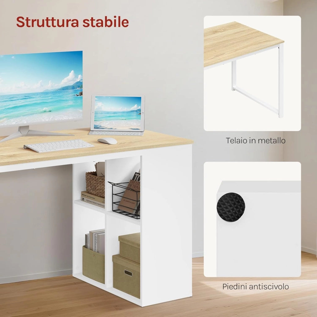 Scrivania Ufficio Compatta con Libreria Integrata, 120x60x75 cm, Design Salvaspazio per Studio/Camera, Bianco+Rovere Naturale