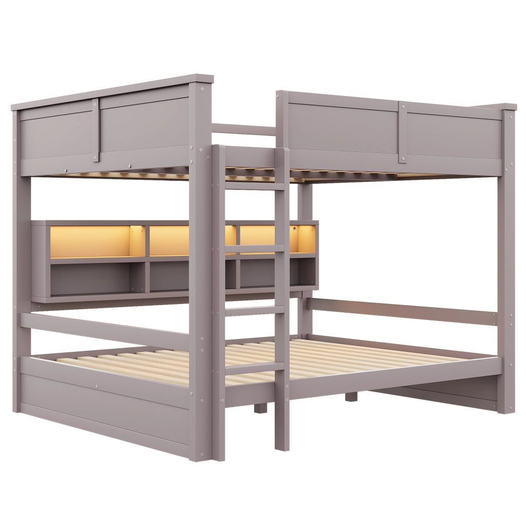 Letto a castello 160x200 con armadietti e luci LED, marrone