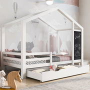 Letto a casetta 90x200 cm con lavagna e 2 cassetti; bianco