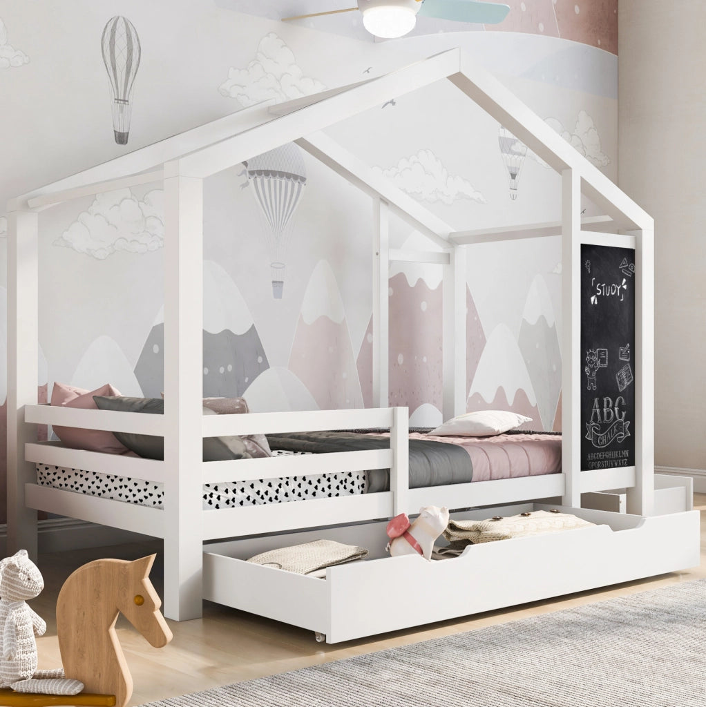 Letto a casetta 90x200 cm con lavagna e 2 cassetti; bianco