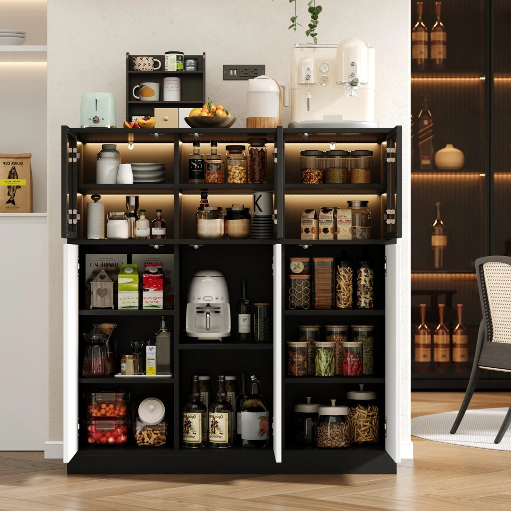 Credenza contenitore con luci LED, 6 ante e 14 scomparti, 100 x 40 x 105 cm, nero e bianco