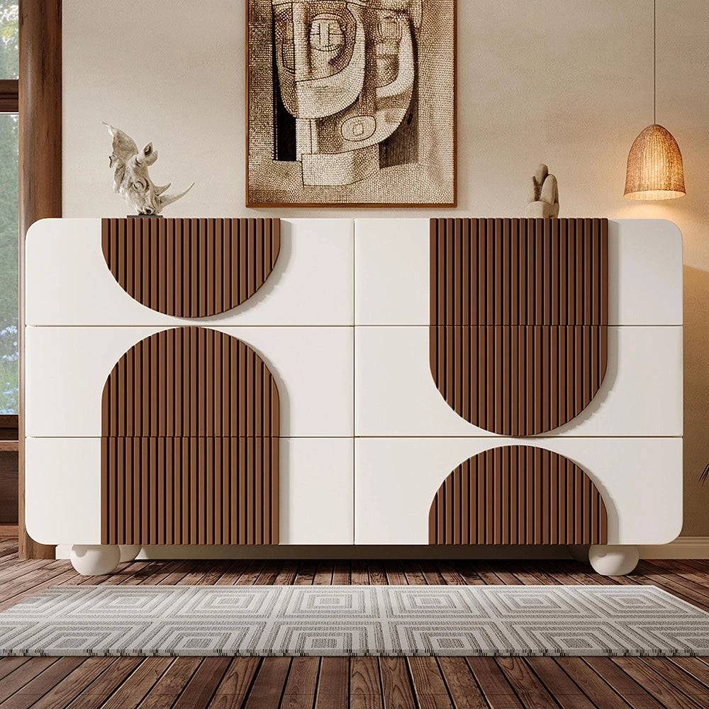 Credenza Elegante 121x71x41cm - Xylo - Bianco con 6 Cassetti Curvi e Guide Silenziose