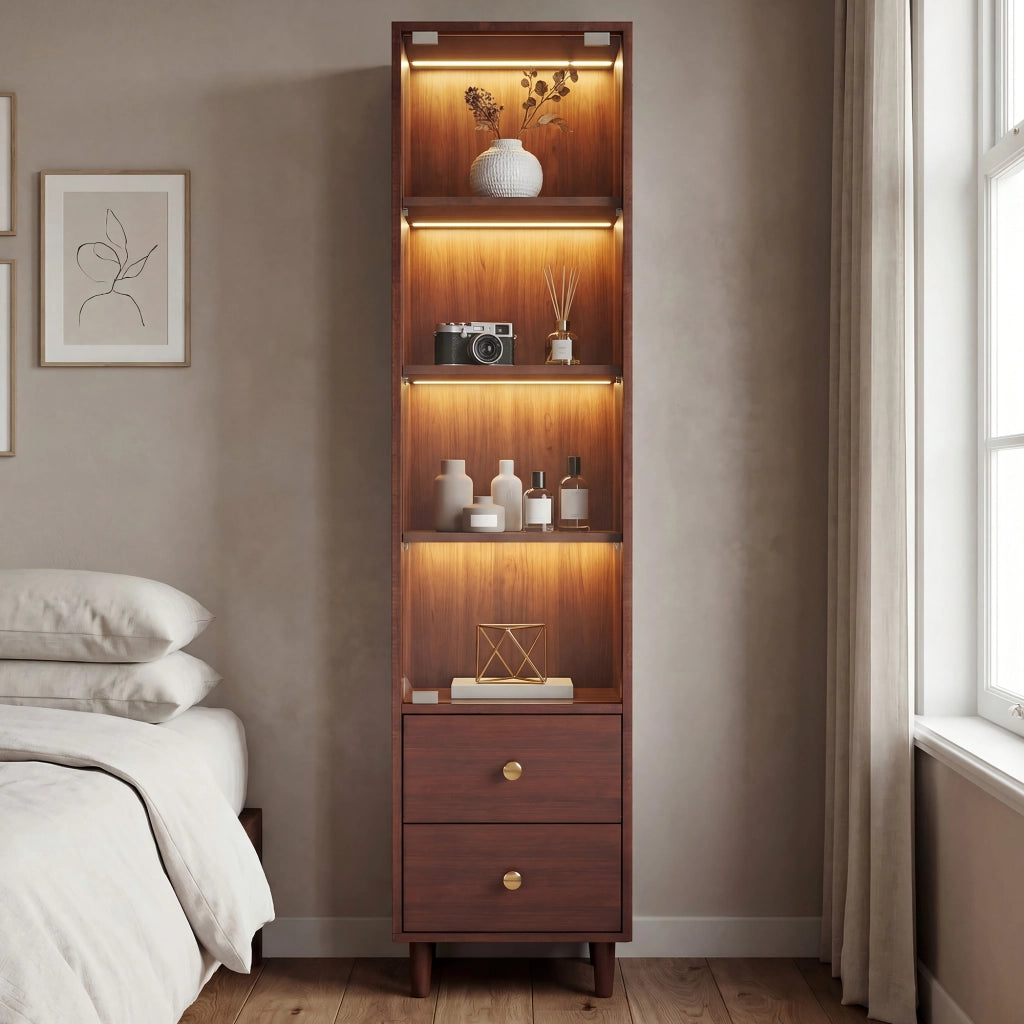 Vetrina alta con LED, anta in vetro e 2 cassetti, mobile contenitore in MDF effetto legno marrone