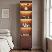 Vetrina alta con LED, anta in vetro e 2 cassetti, mobile contenitore in MDF effetto legno marrone