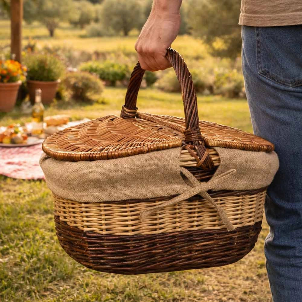 Cesto Ovale Carmen picnic in Vimini e Juta con doppio coperchio cm 44 x 35x h 38