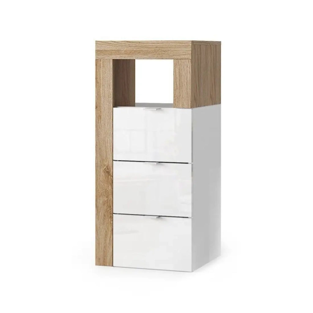 Cassettiera BURA – 3 cassetti – L35 cm – Bianco lucido laccato e rovere chiaro – Design moderno