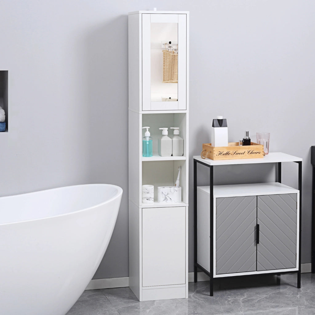 Colonna Bagno Salvaspazio in Legno con Specchio e Apertura a Pressione, 30x28x170cm, Bianco