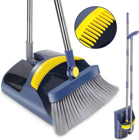Set di aspirapolvere e stoffa, combinazione aspira e stoffa 120 cm con spazzola, set di aspira in piedi, scopa con manico per pulizia domestica, pulizia pavimenti - blu + giallo