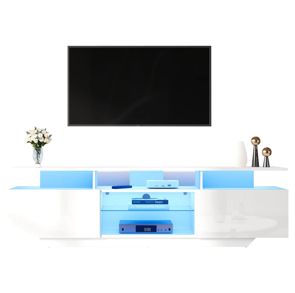 Mobile TV 160x40x45 cm con 2 armadietti; LED da app; vetro temperato; MDF; bianco