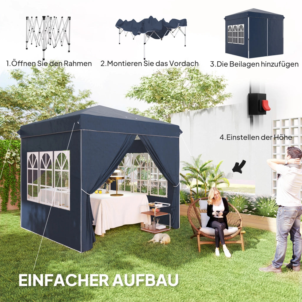 Gazebo da giardino pieghevole pop up con 4 pareti laterali altezza regolabile finestre e borsa in poliestere blu