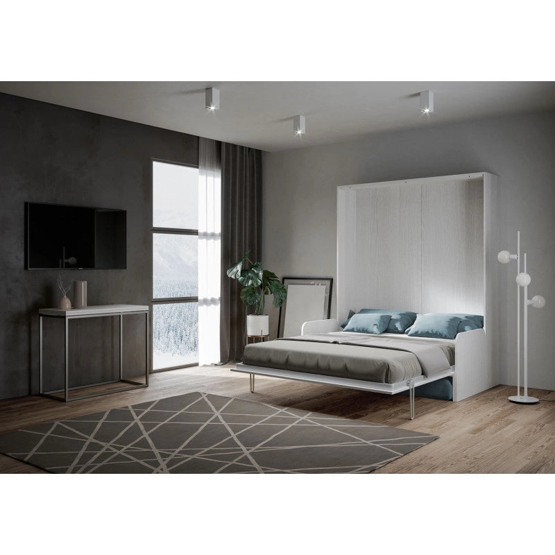Letto matrimoniale a scomparsa 160 Kentaro con divano , azzurro - Bianco Frassino