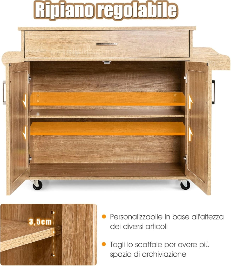 Carrello da Cucina con Ruote di Gomma, Scaffale per Microonde Carrello Servizio, Mobile Cucina con Ripiani e Ante, Credenza Cucina Legno Moderno Elegante, 116 x 37 x 85 cm (Naturale)