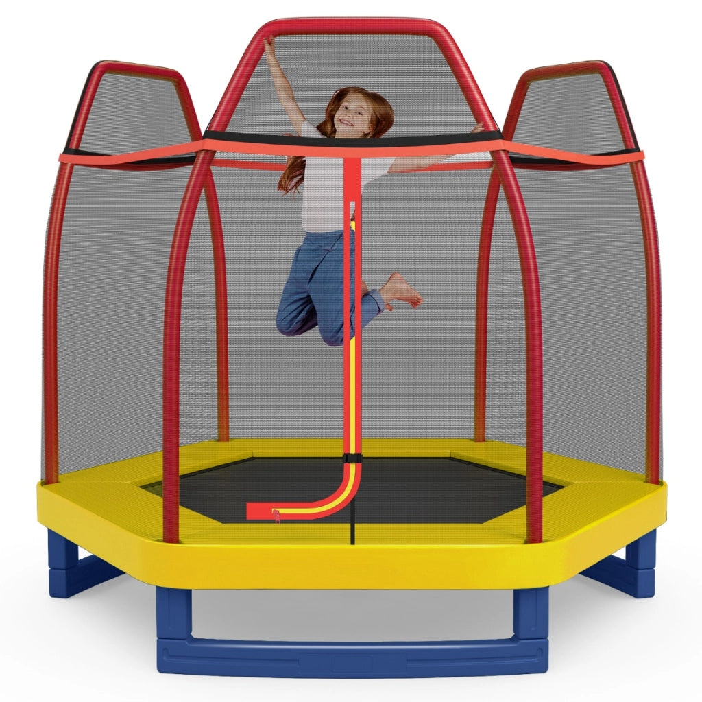 Tappeto elastico 223 cm con rete di sicurezza e cuscinetto a molle, Mini tappeto elastico per bambini Rosso