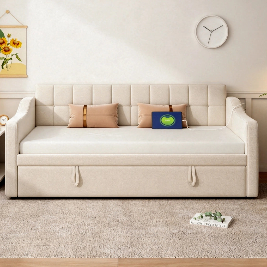 Letto divano estensibile 2 in 1 90x190/180x190 cm imbottito con USB e presa elettrica; velluto beige