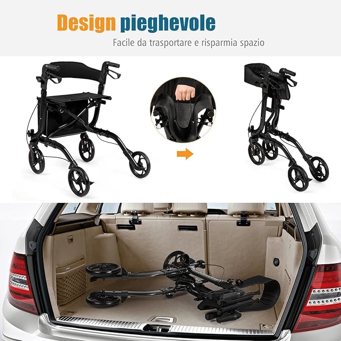 Deambulatore Pieghevole per Anziani Ultraleggero, con Sedile Borsa da Spesa e 4 Ruote Freno a Mano, Rollator Altezza Regolabile, Capacità 136kg, Lega di Alluminio, Nero (Nero)