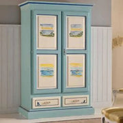 Armadio Verona in legno Shabby chic blu ebianco decorato a mano