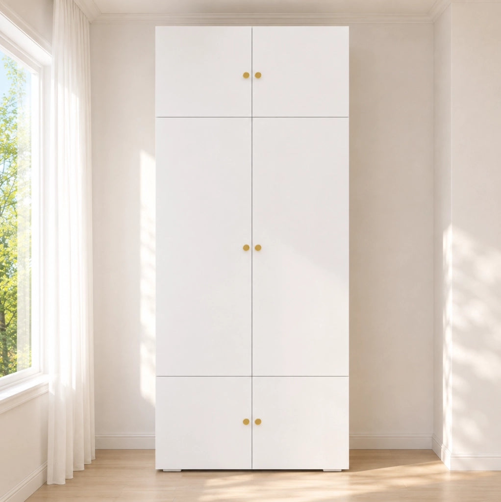 Armadio guardaroba 90x50x200 cm con appendiabiti e 5 vani portaoggetti; bianco