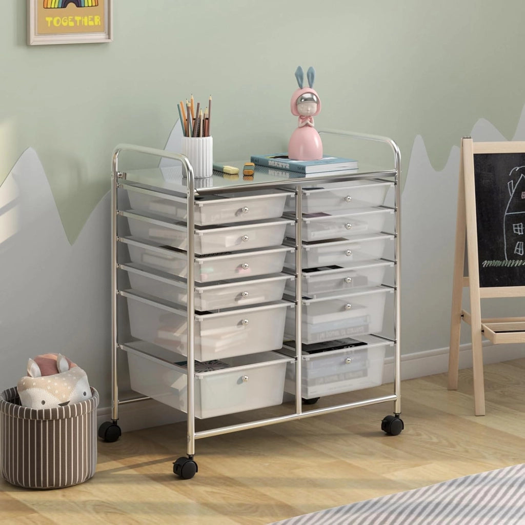 Carrello Portaoggetti con Ruote, 12 Cassetti Rimovibili, Carrello a Rotelle per Soggiorno, Ufficio, Camera da Letto, 64x38x75 cm, 3 Colori