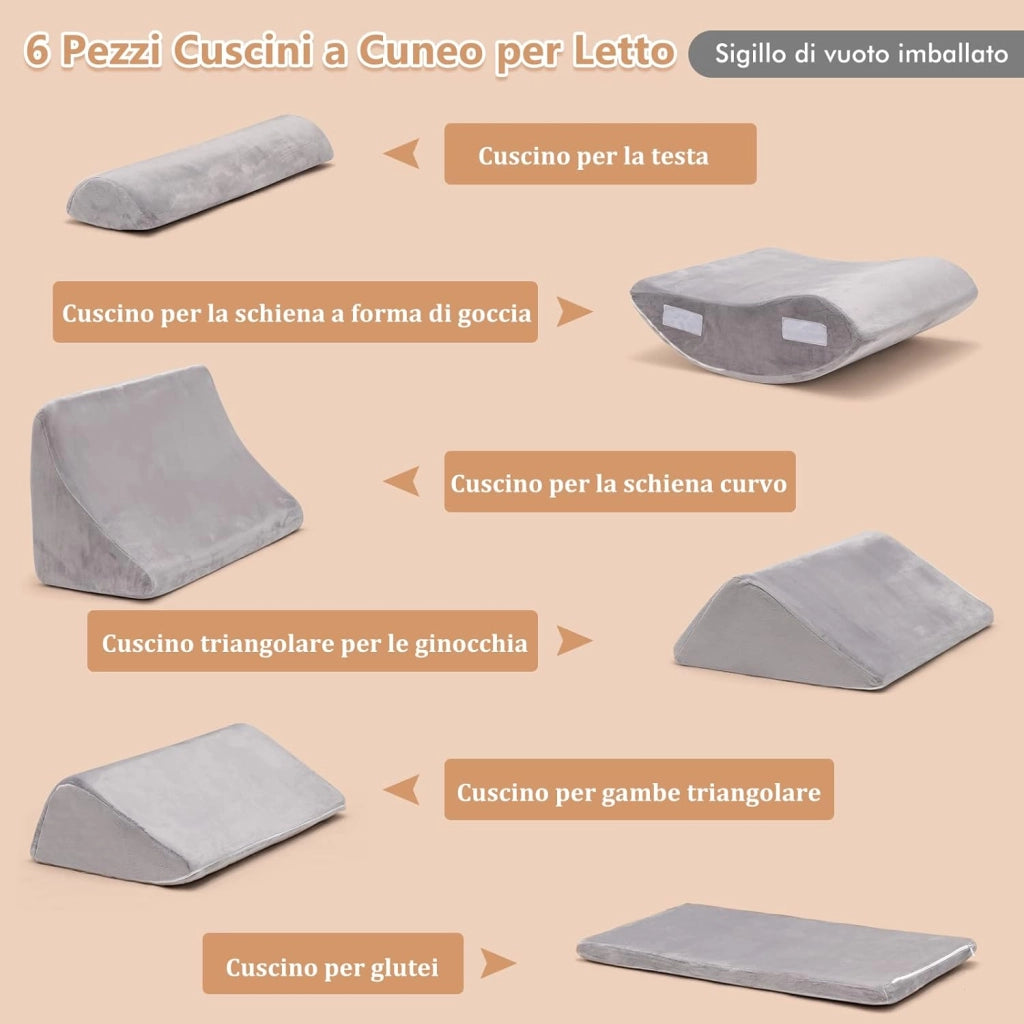 Set di 4/6 Cuscini Regolabili a Cuneo, Cuscino a Cuneo per Letto in Memory Foam, per Alleviare il Dolore alla Schiena Collo e alle Gambe, Poggiatesta Rimovibile, Grigio (6 Pezzi)