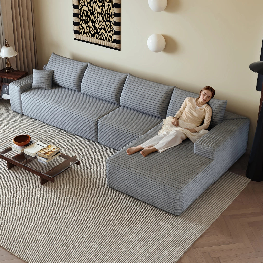 Divano angolare modulare con chaise longue a L schiuma ad alta elasticità tessuto a coste grigio per soggiorno