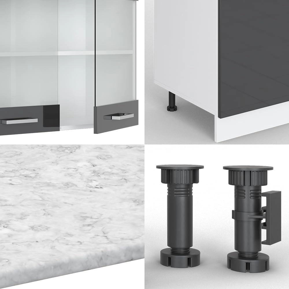 Cucina componibile R-Line, Antracite lucido, 300 cm con armadio alto, PL Marmo, con moduli disposti in modo variabile e piedini regolabili in altezza