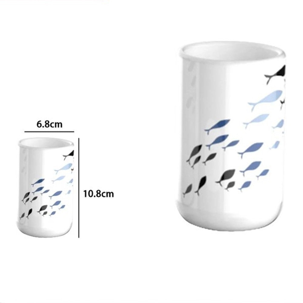 Trade Shop - Bicchiere Porta Spazzolino Bianco Con Pesciolini In Ceramica Arredo Bagno 69876 -