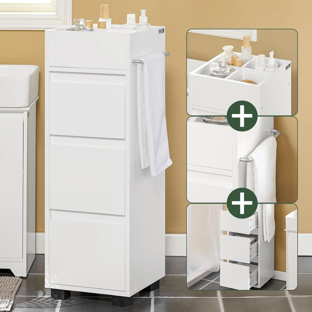Mobiletto Bagno Salvaspazio, Mobile Stretto Bagno 3 Cassetti e 4 Scomparti, Cassettiera Salvaspazio Bianco, 30x90x30 cm, BZR29-W