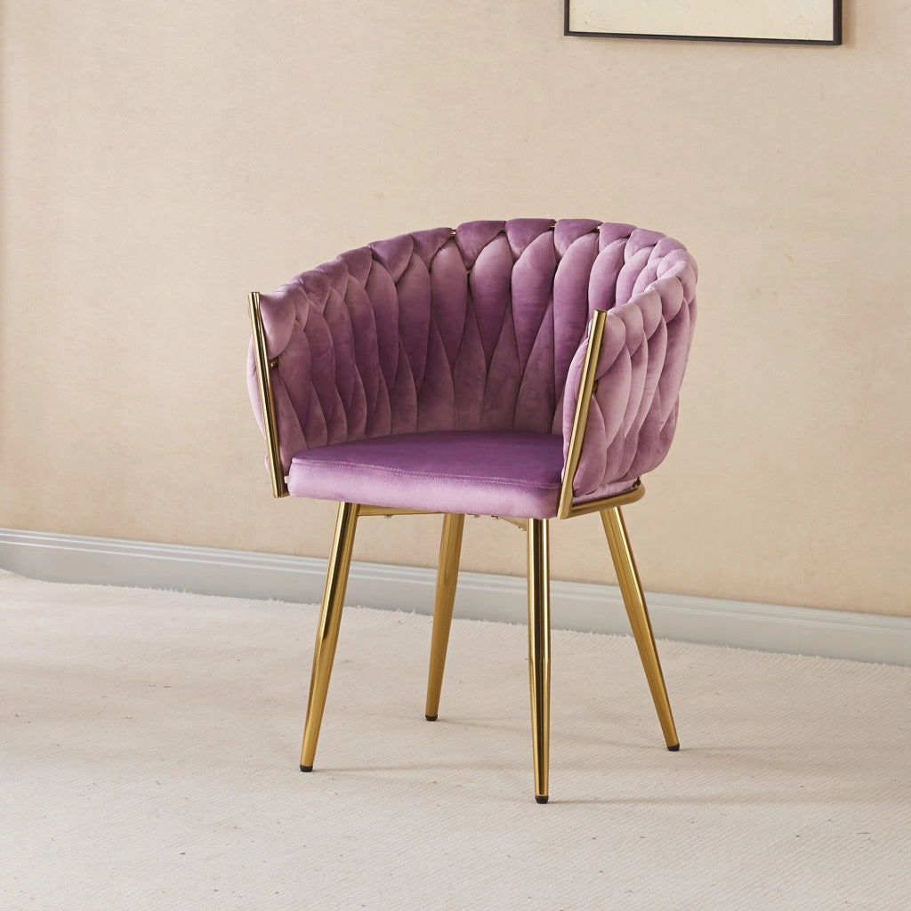 Poltrona Con Schienale In Velluto Intrecciato Design Moderno, Sedia Imbottita Circolare con Gambe in Metallo Placcato Oro Poltroncina Sala Pranzo Camera Salotto Cucina con Seduta Morbida Viola