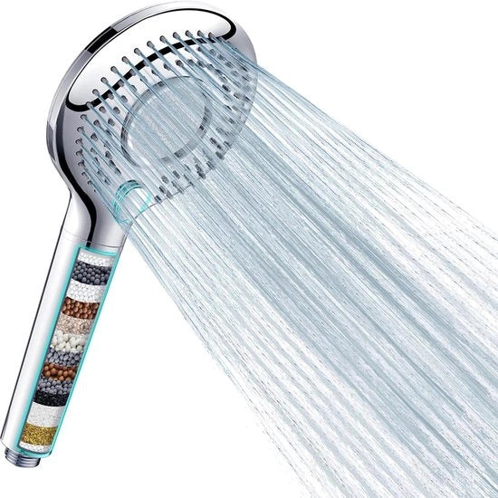 Douchekop con 15 filtri anti-calcare con tubo 15 m, 3 tipi di getto, economia d'acqua, alta pressione.