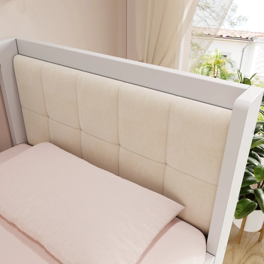 Letto singolo in legno con 2 cassetti e schienale imbottito, bianco 90x200 cm