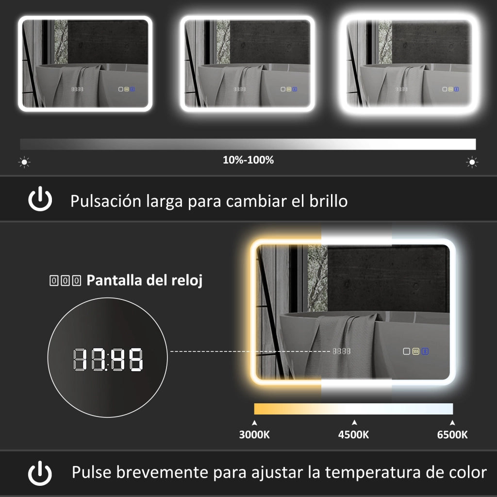 Specchio da Bagno con LED e Bluetooth ¨C zephmum ¨C 70x50 cm, Bianco, 3 Colori, Antivaho