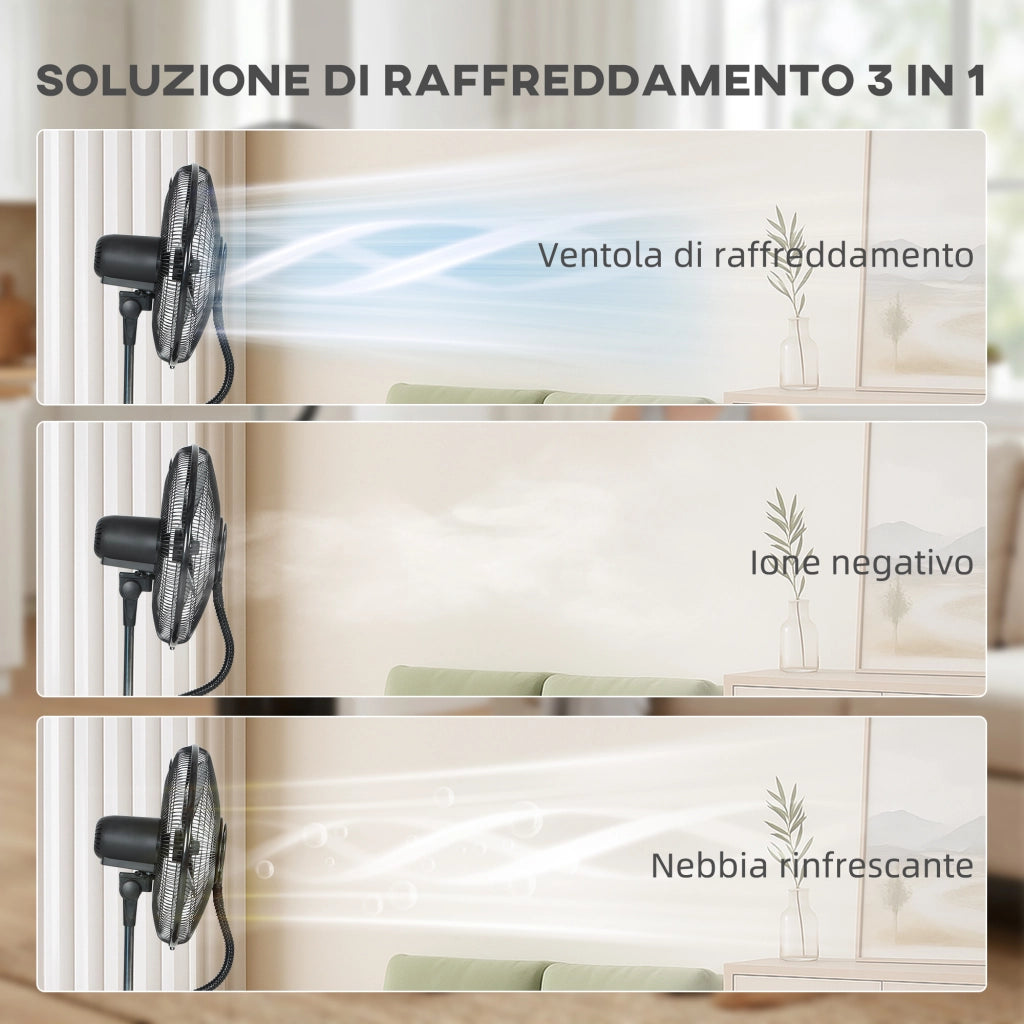 Ventilatore a Piantana 3 in 1 Oscillante 45x38x130 cm con Nebulizzatore d'Acqua Telecomando e Timer 9h Nero
