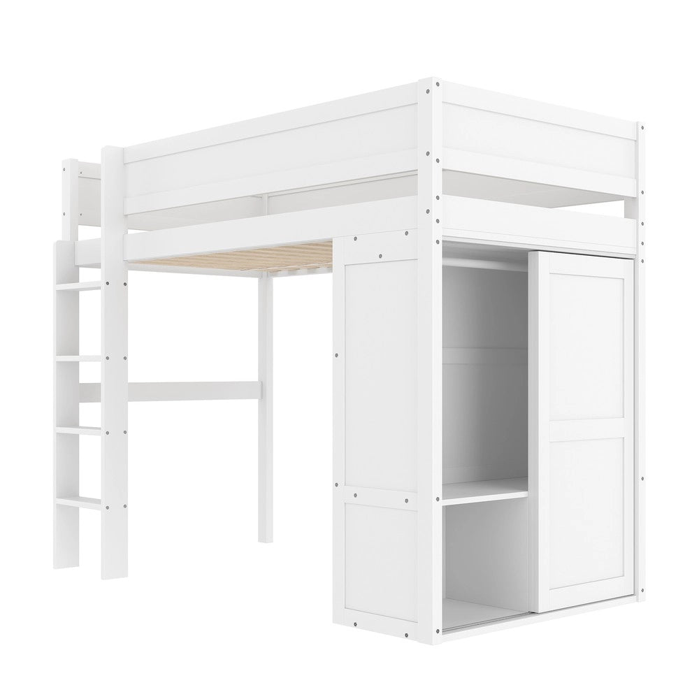 Letto a Soppalco con Armadio e Vano Contenitore ¨C MINIMAL ¨C Pino Bianco 90x200