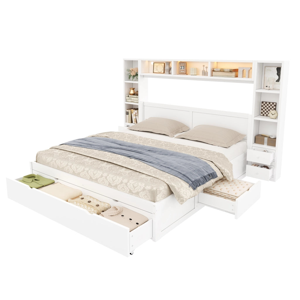 Letto contenitore 140x200 bianco con 7 cassetti; testiera libreria e luce LED