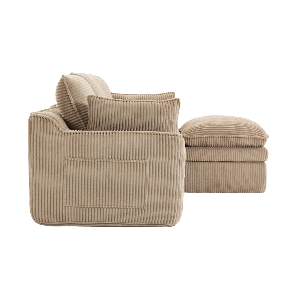 Divano modulare in velluto a coste kaki con pouf e tasche laterali