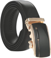 Cinturone in pelle per uomo con chiusura automatica, regolabile, nero-oro, 115 cm.