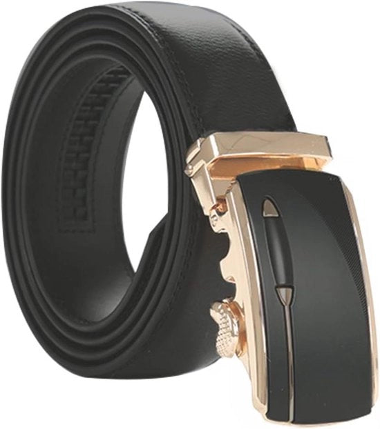 Cinturone in pelle per uomo con chiusura automatica, regolabile, nero-oro, 115 cm.