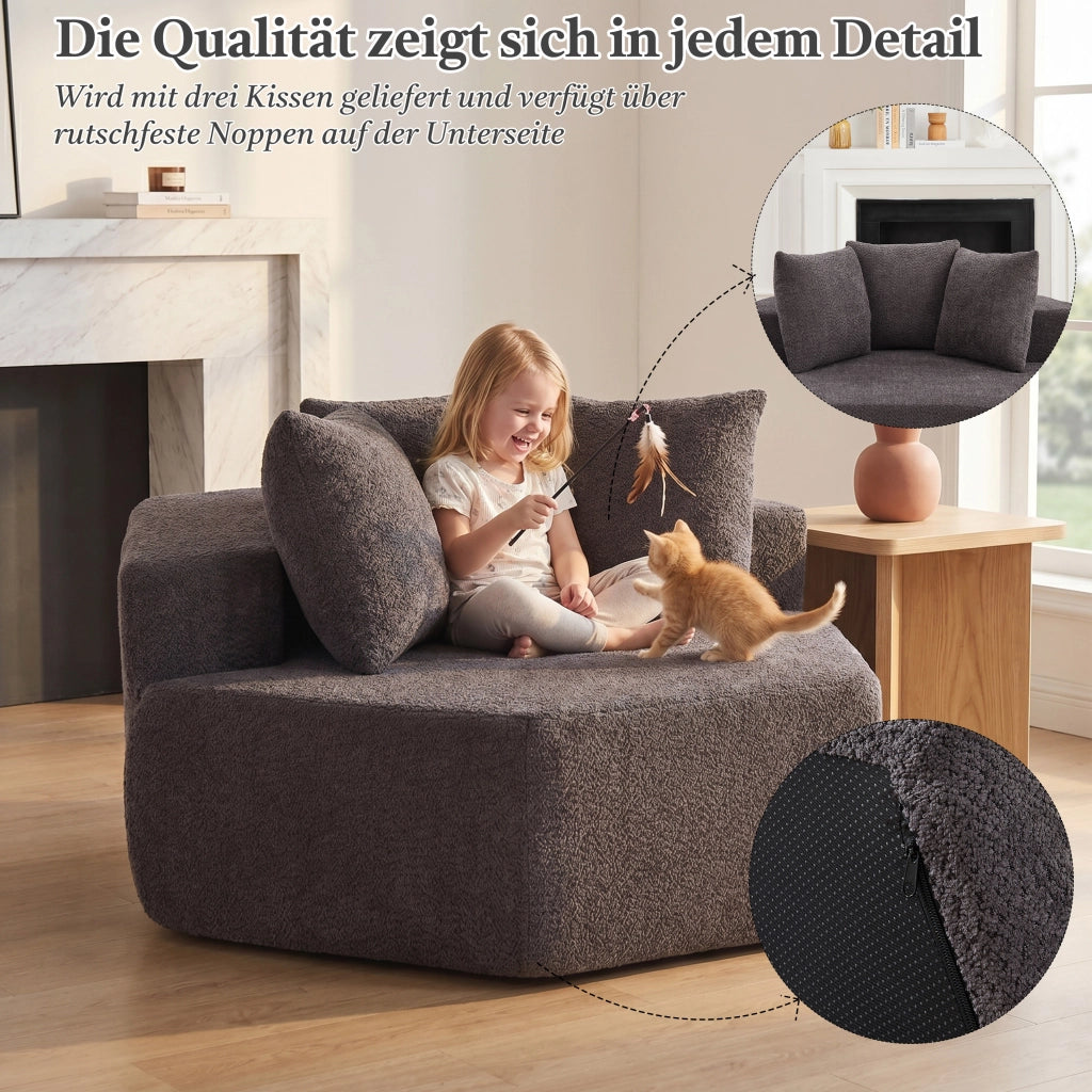 Poltrona modulare esagonale con seduta morbida e 3 cuscini, per relax, in chenille e schiuma con molle, grigio