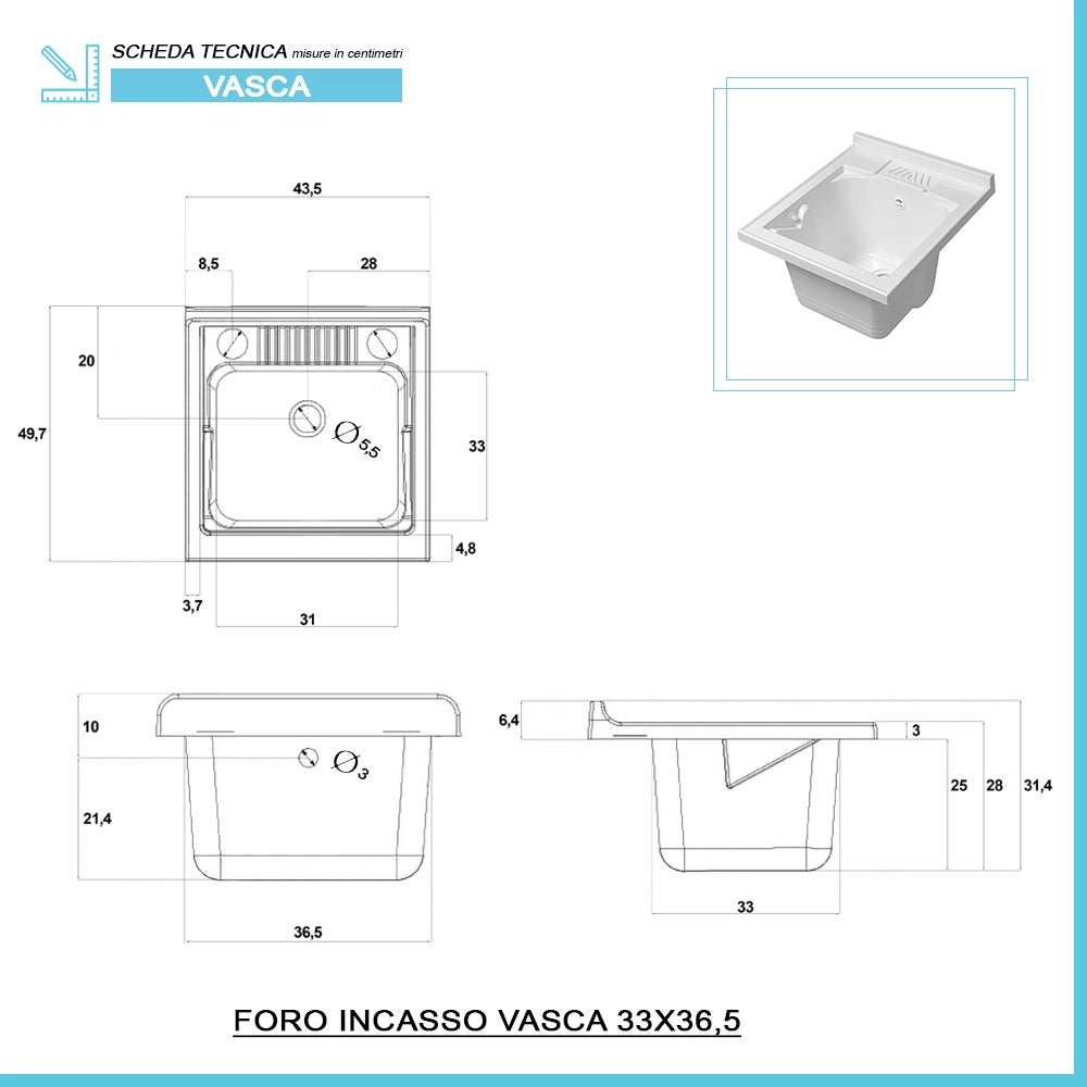 Mobile lavatoio 45x50 cm rovere con vasca in resina e asse lavapanni