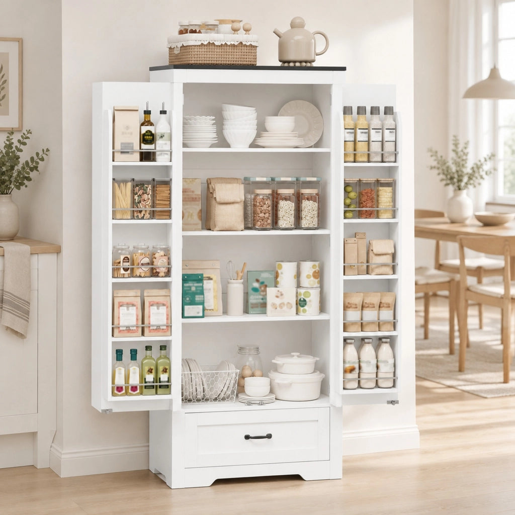Armadio dispensa da cucina 80x35x183 cm con 2 ante e cassetto bianco HOMVRA