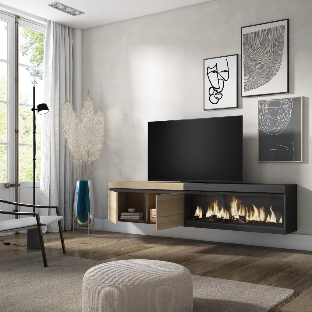 Mobile TV Soggiorno, 208x35x45cm, Per TV fino a 80", Camino elettrico XXL, da appendere, colore Rovere e nero RF3272