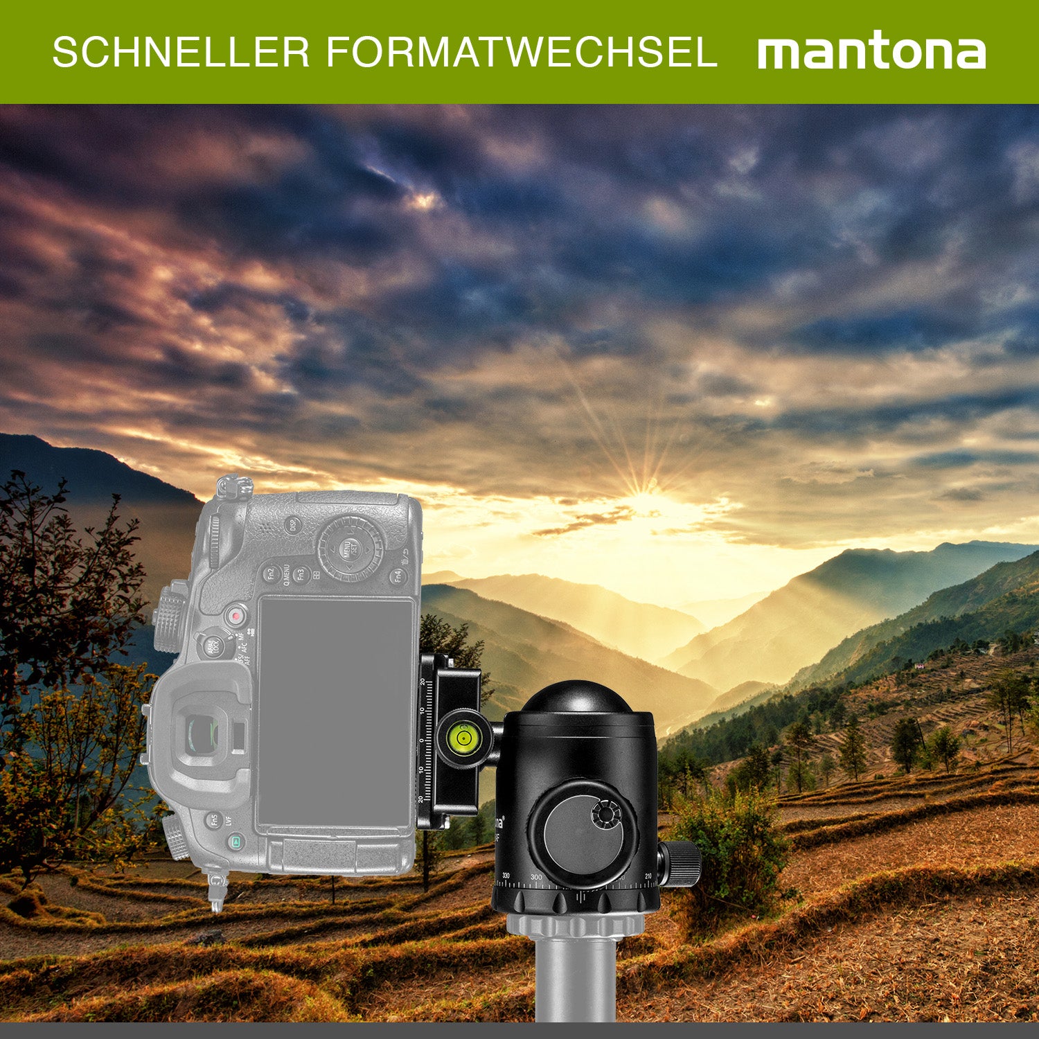 Mantona Fortress Testa a sfera per stativi treppiedi fotografici, 46 mm max 25 kg, con funzione panoramica 360° e 3 livelle, incl piastra sgancio rapido, per fotocamera accessori fotografia