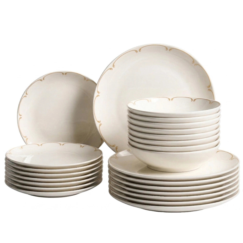 Set da 24 pezzi di stoviglie in porcellana con bordi decorativi finitura smalto trasparente bianco e oro per cucina e sala da pranzo