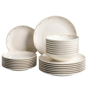 Set da 24 pezzi di stoviglie in porcellana con bordi decorativi finitura smalto trasparente bianco e oro per cucina e sala da pranzo